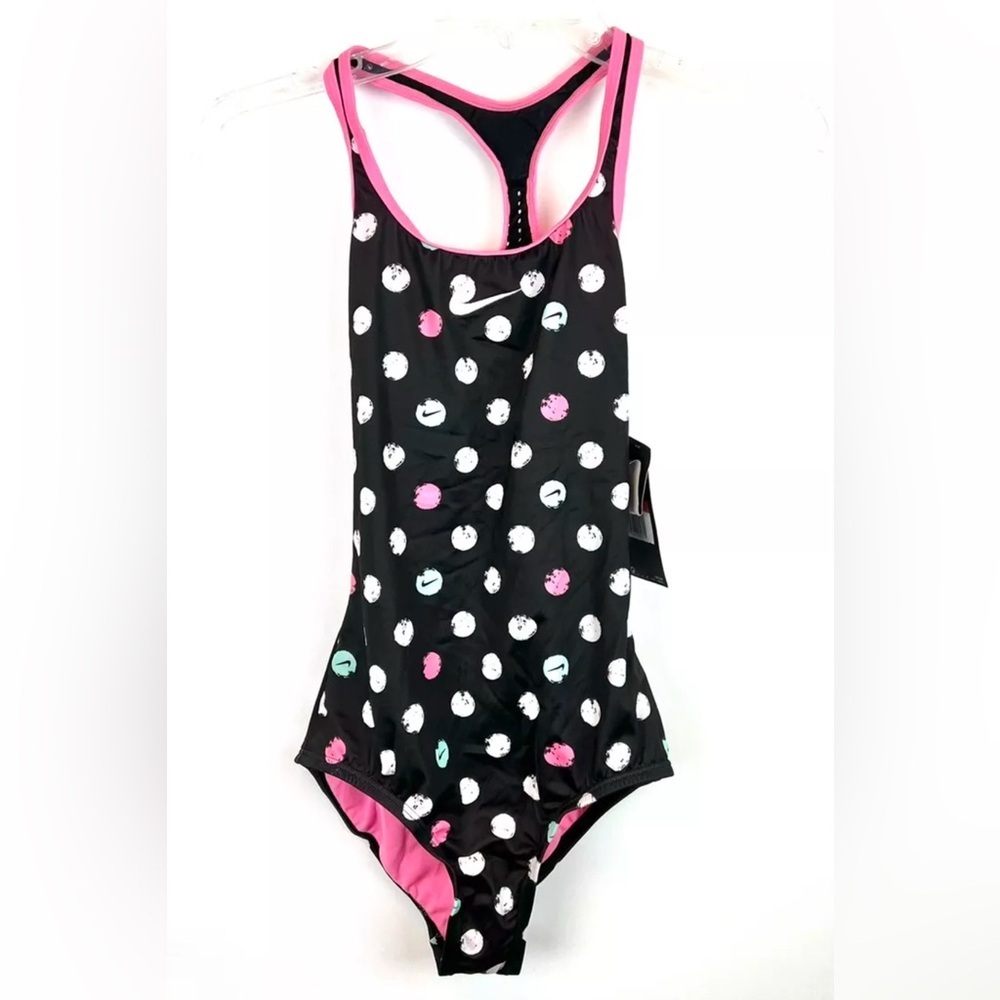 Nike Girl’s Swoosh Dots Black One Piece Swimsuit Size L
